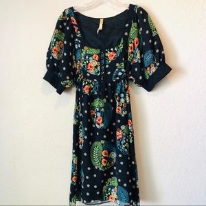 ANTHROPOLOGIE DRESS MAEVE Black Floral Babydoll Mini Dress